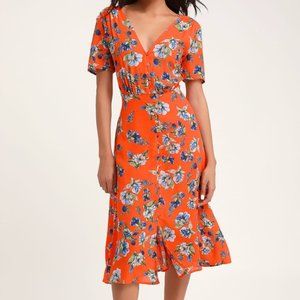 Lulu's 'Windows Down' Orange Floral Print Button-Front Midi Dress Size M EUC